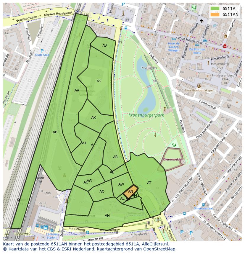 Afbeelding van het postcodegebied 6511 AN op de kaart.