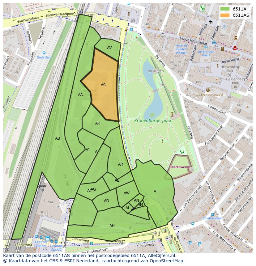 Afbeelding van het postcodegebied 6511 AS op de kaart.
