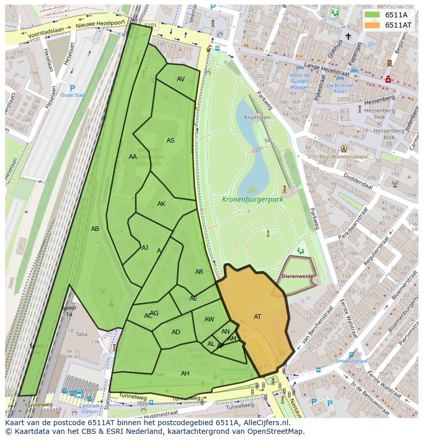 Afbeelding van het postcodegebied 6511 AT op de kaart.