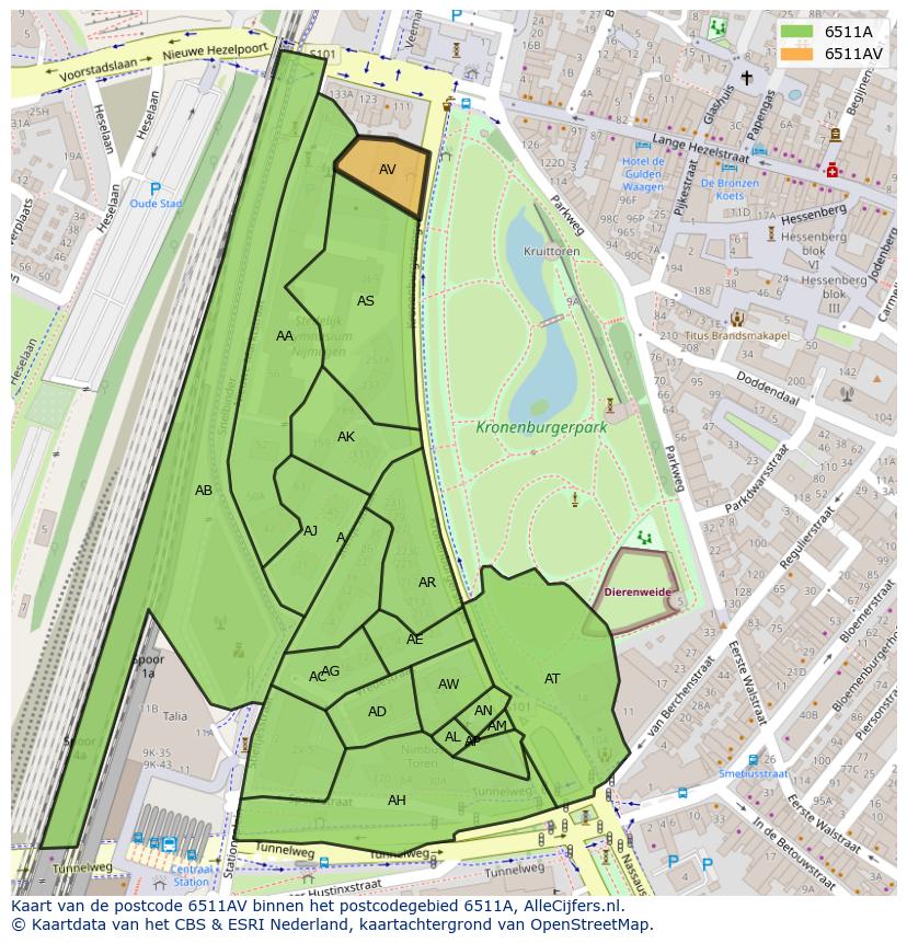 Afbeelding van het postcodegebied 6511 AV op de kaart.