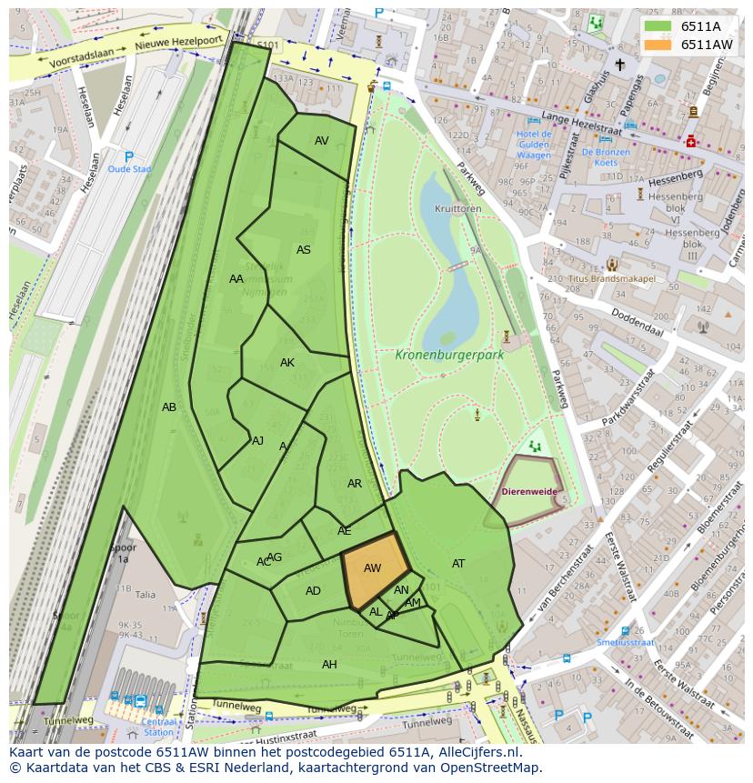 Afbeelding van het postcodegebied 6511 AW op de kaart.