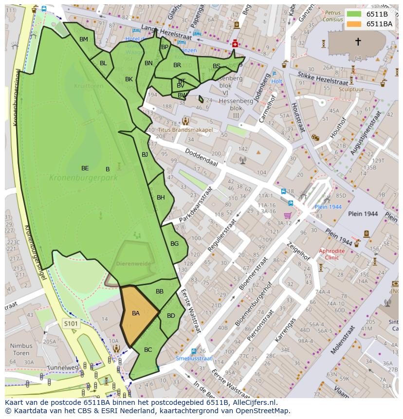 Afbeelding van het postcodegebied 6511 BA op de kaart.