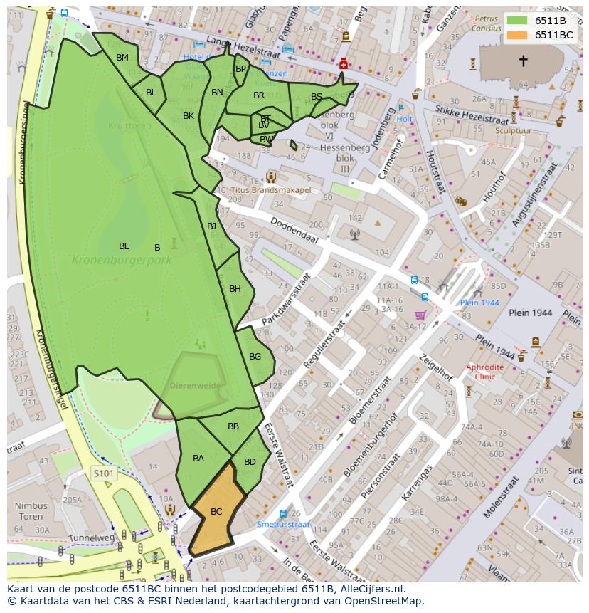 Afbeelding van het postcodegebied 6511 BC op de kaart.
