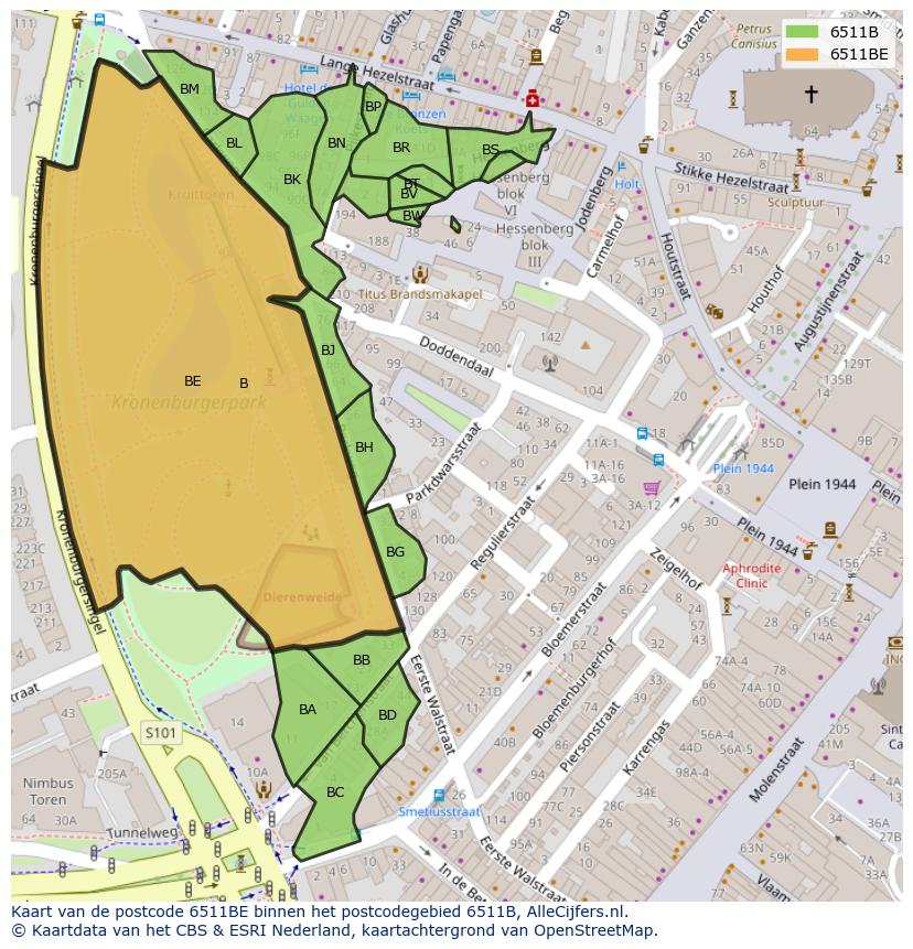 Afbeelding van het postcodegebied 6511 BE op de kaart.