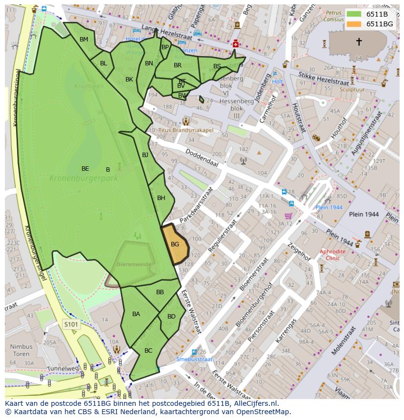 Afbeelding van het postcodegebied 6511 BG op de kaart.