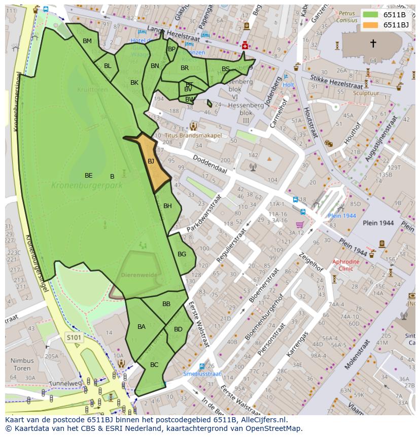 Afbeelding van het postcodegebied 6511 BJ op de kaart.