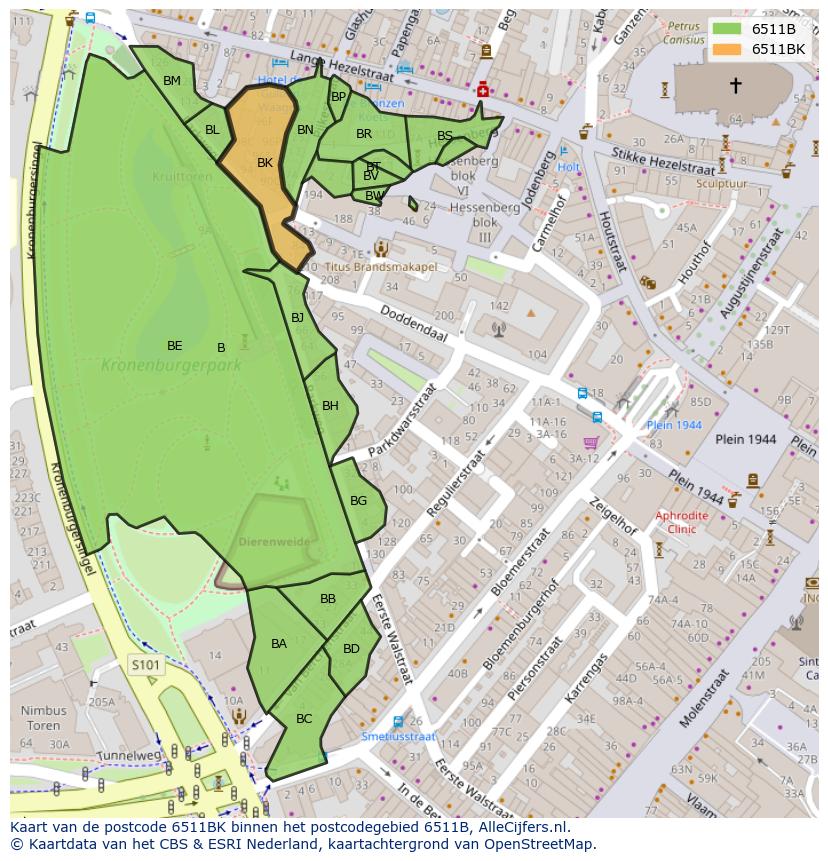 Afbeelding van het postcodegebied 6511 BK op de kaart.