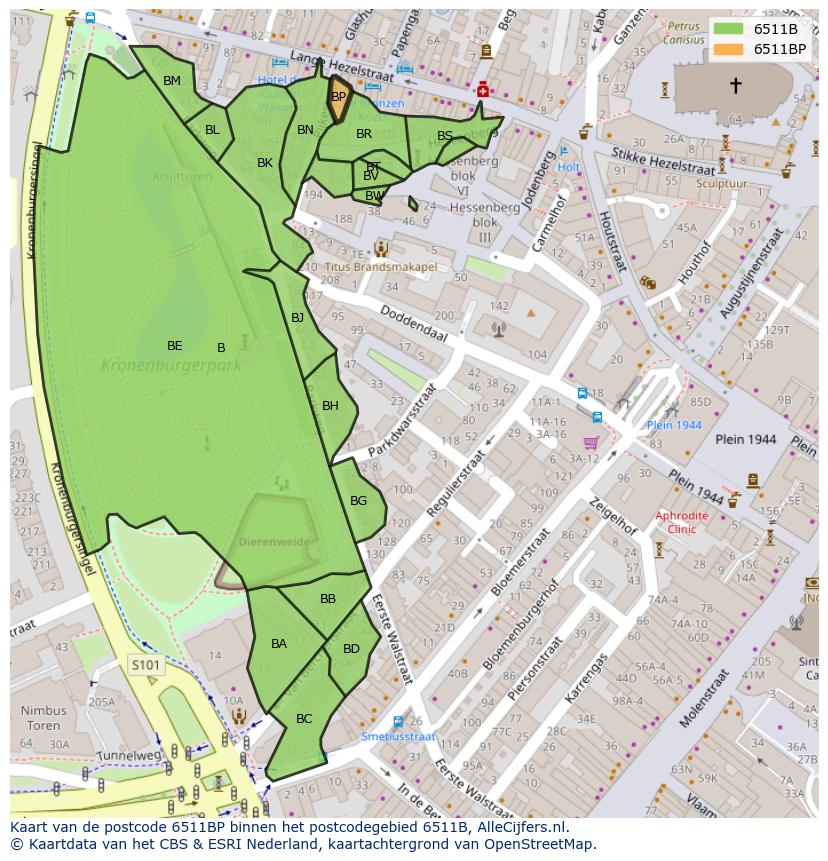 Afbeelding van het postcodegebied 6511 BP op de kaart.