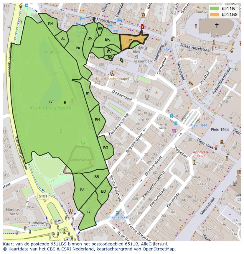 Afbeelding van het postcodegebied 6511 BS op de kaart.