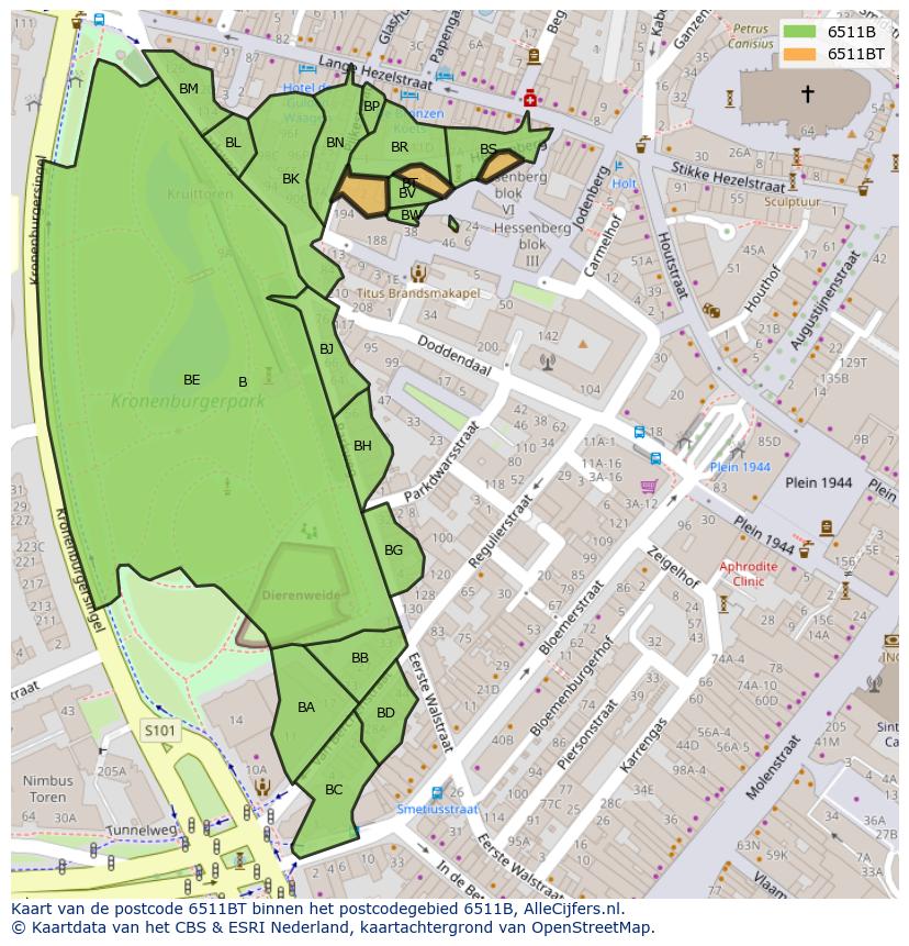 Afbeelding van het postcodegebied 6511 BT op de kaart.