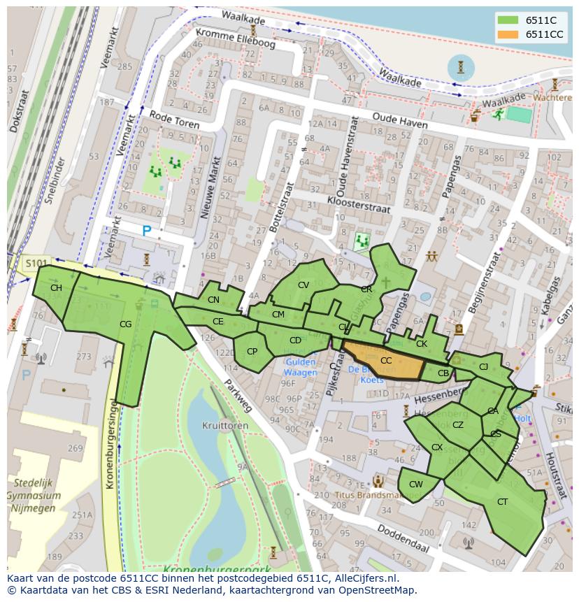 Afbeelding van het postcodegebied 6511 CC op de kaart.