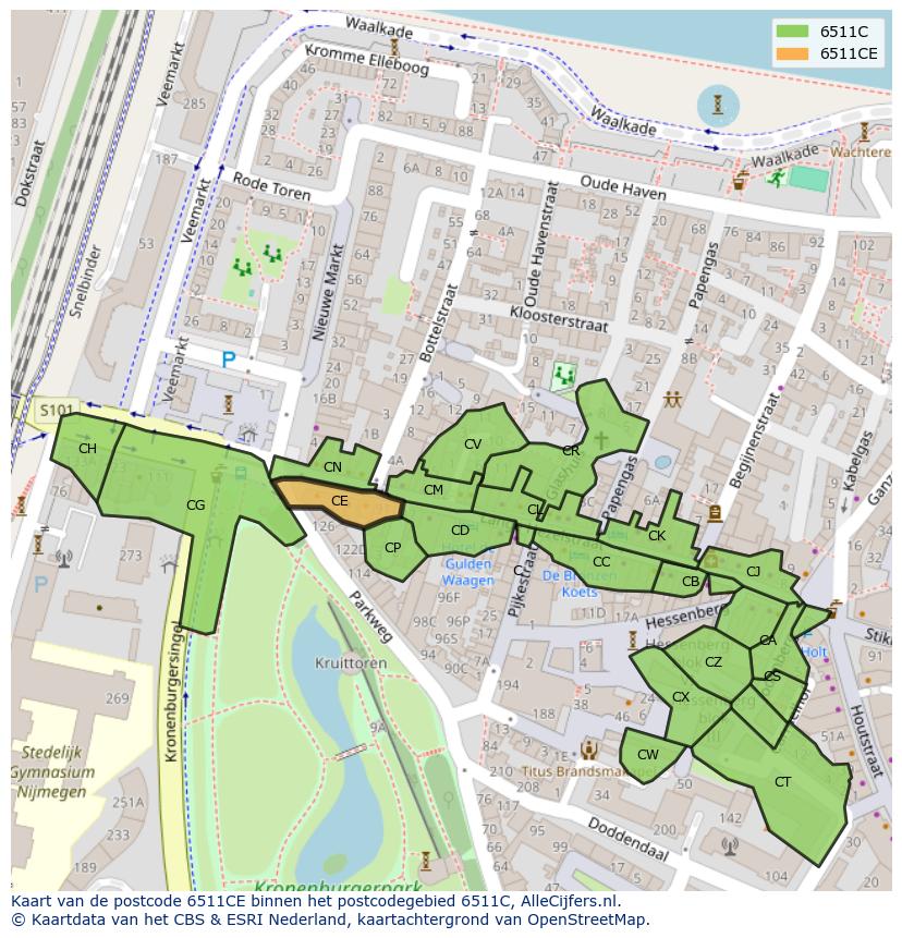 Afbeelding van het postcodegebied 6511 CE op de kaart.