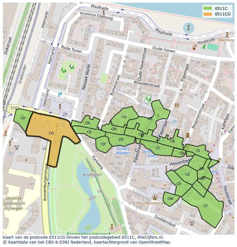 Afbeelding van het postcodegebied 6511 CG op de kaart.