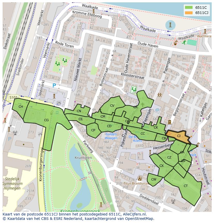 Afbeelding van het postcodegebied 6511 CJ op de kaart.