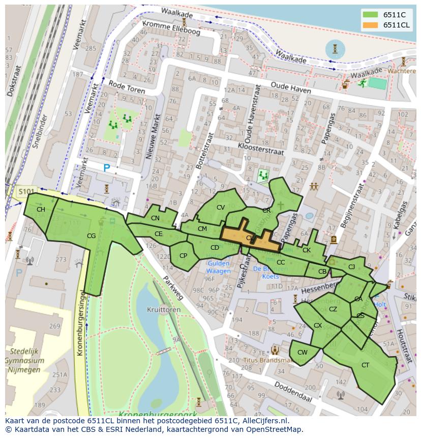 Afbeelding van het postcodegebied 6511 CL op de kaart.