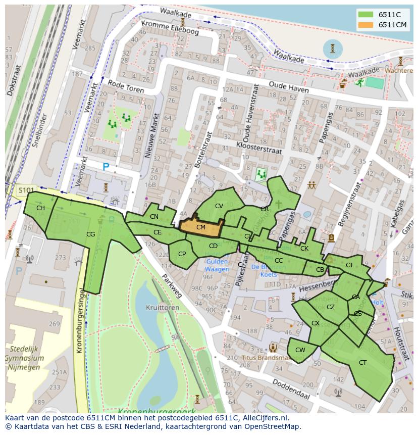 Afbeelding van het postcodegebied 6511 CM op de kaart.