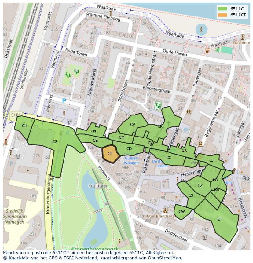 Afbeelding van het postcodegebied 6511 CP op de kaart.