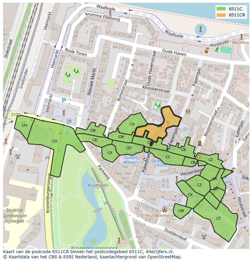 Afbeelding van het postcodegebied 6511 CR op de kaart.