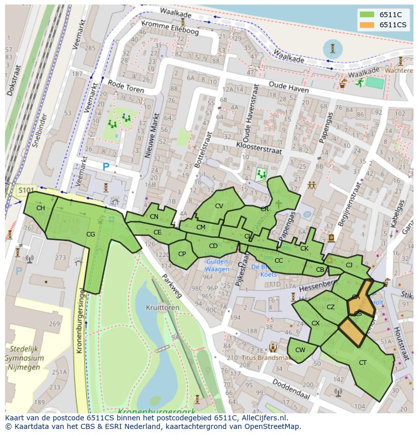 Afbeelding van het postcodegebied 6511 CS op de kaart.