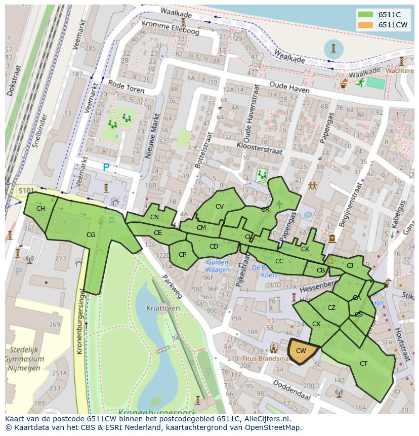 Afbeelding van het postcodegebied 6511 CW op de kaart.