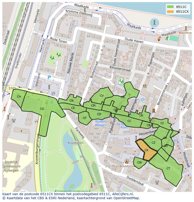 Afbeelding van het postcodegebied 6511 CX op de kaart.