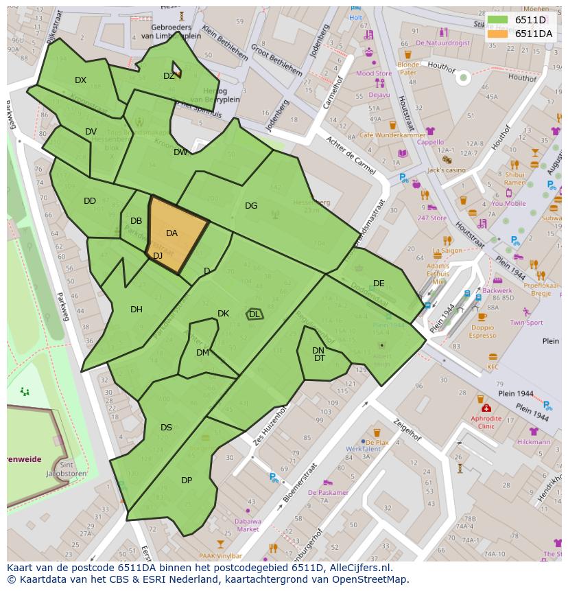 Afbeelding van het postcodegebied 6511 DA op de kaart.