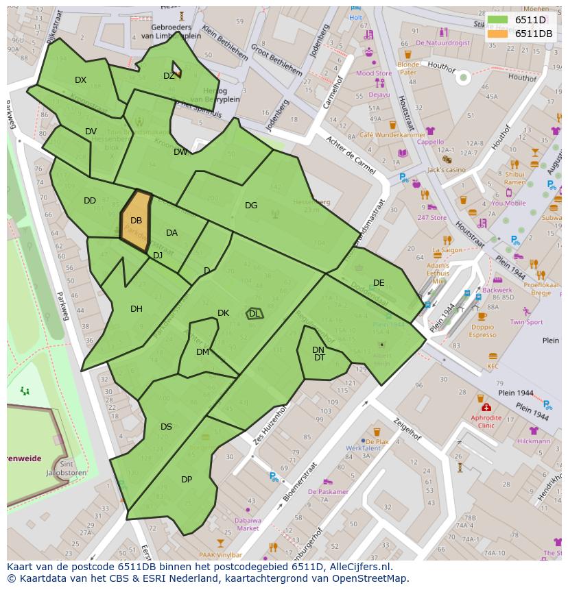 Afbeelding van het postcodegebied 6511 DB op de kaart.