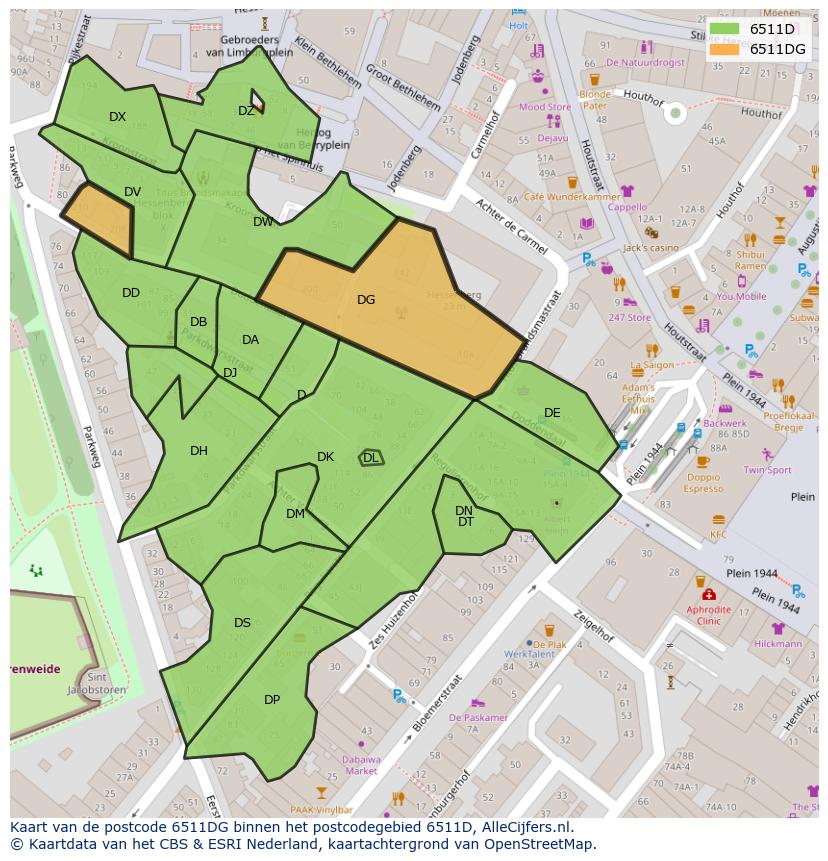 Afbeelding van het postcodegebied 6511 DG op de kaart.