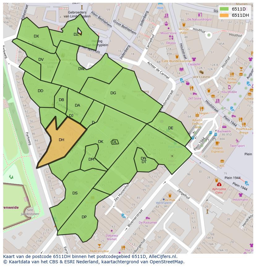 Afbeelding van het postcodegebied 6511 DH op de kaart.