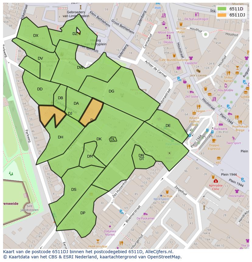 Afbeelding van het postcodegebied 6511 DJ op de kaart.