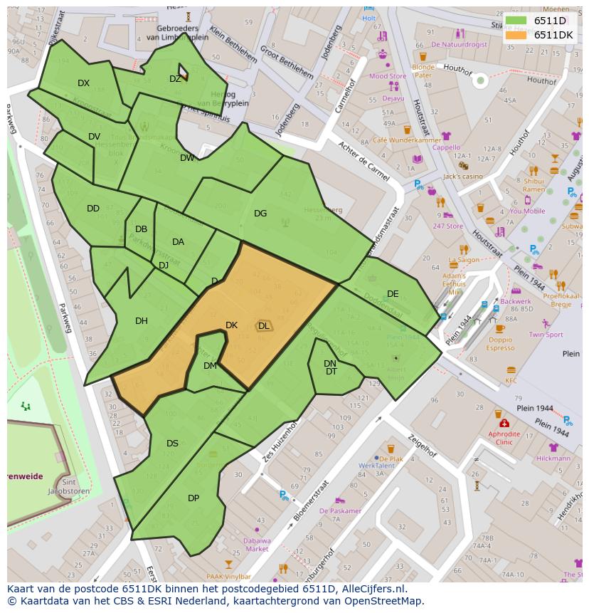 Afbeelding van het postcodegebied 6511 DK op de kaart.