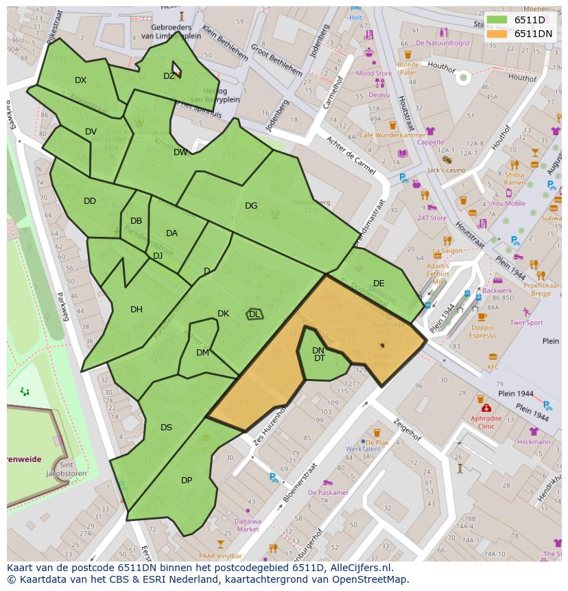 Afbeelding van het postcodegebied 6511 DN op de kaart.