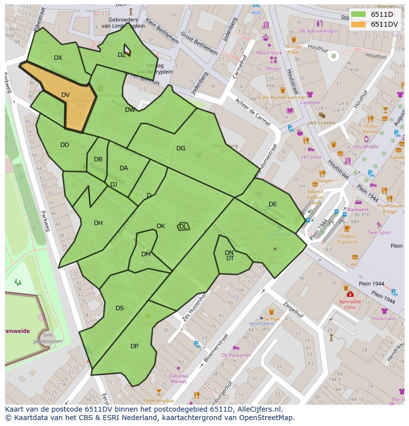 Afbeelding van het postcodegebied 6511 DV op de kaart.