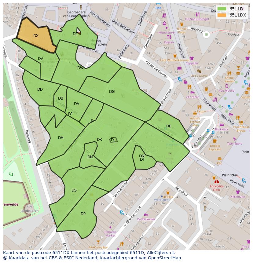 Afbeelding van het postcodegebied 6511 DX op de kaart.