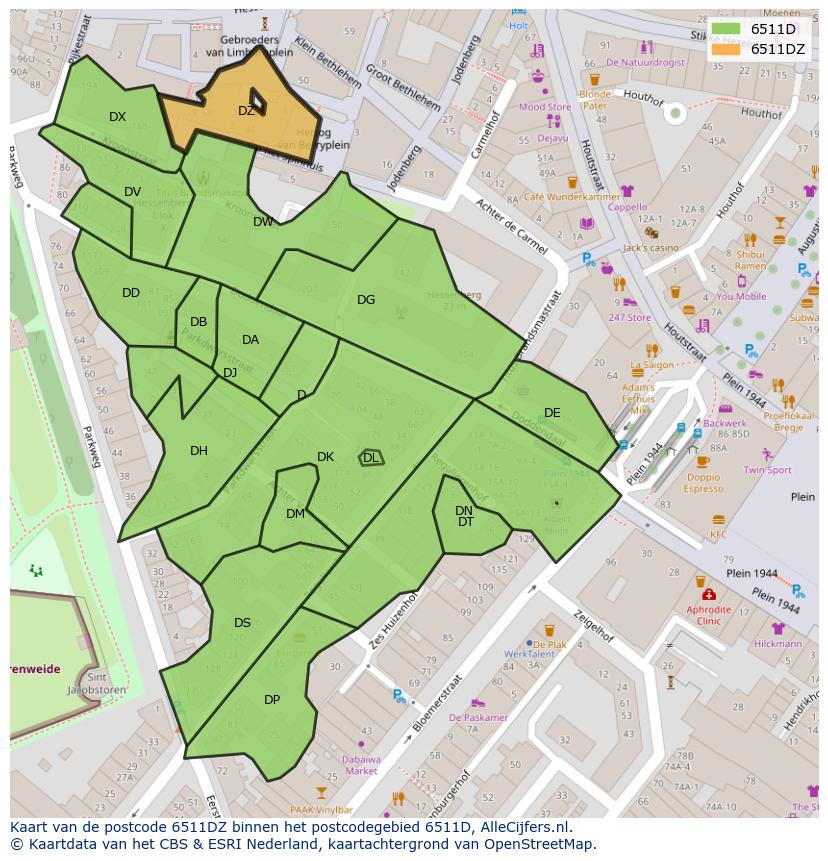 Afbeelding van het postcodegebied 6511 DZ op de kaart.