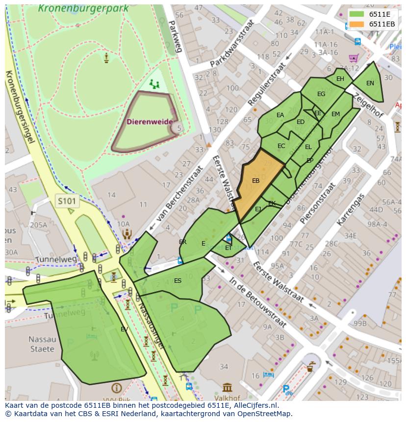 Afbeelding van het postcodegebied 6511 EB op de kaart.