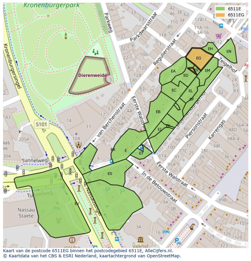 Afbeelding van het postcodegebied 6511 EG op de kaart.