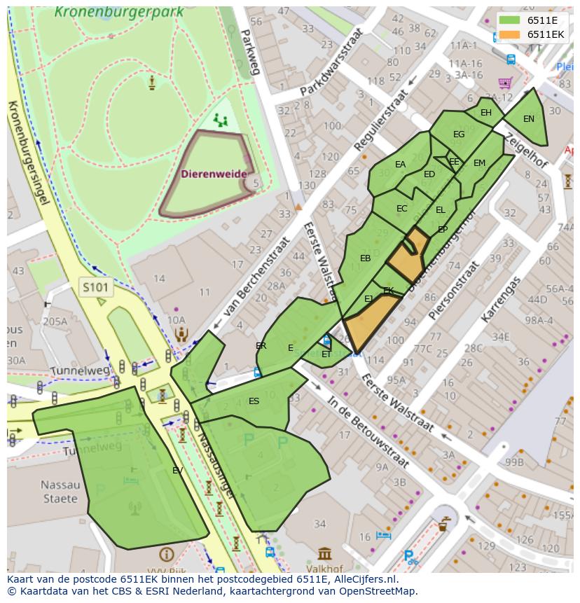 Afbeelding van het postcodegebied 6511 EK op de kaart.