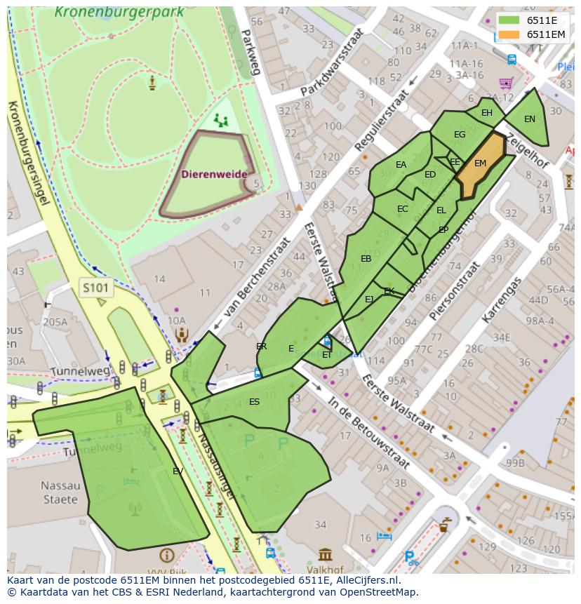 Afbeelding van het postcodegebied 6511 EM op de kaart.