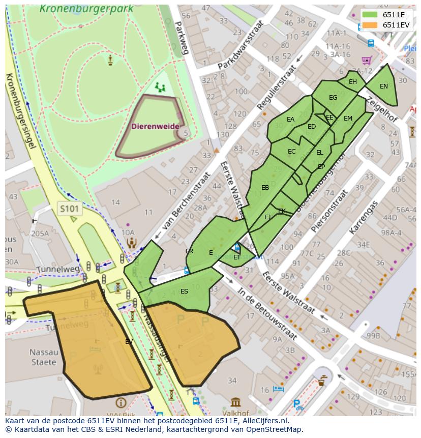 Afbeelding van het postcodegebied 6511 EV op de kaart.