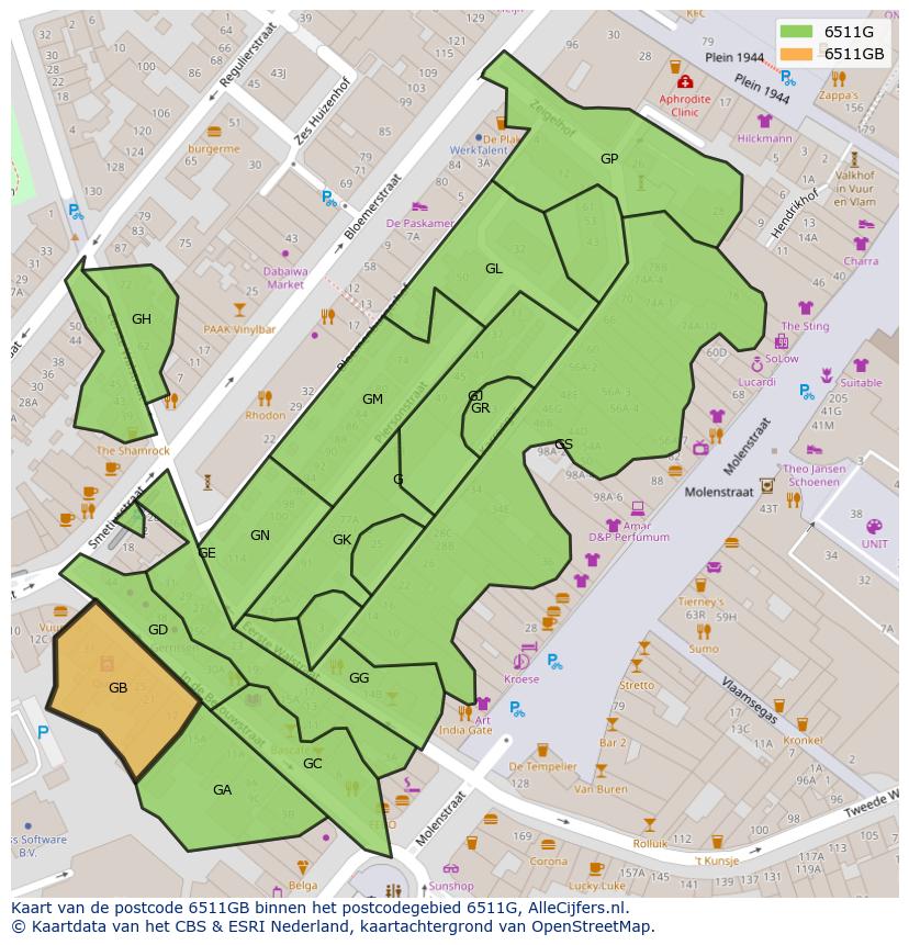 Afbeelding van het postcodegebied 6511 GB op de kaart.