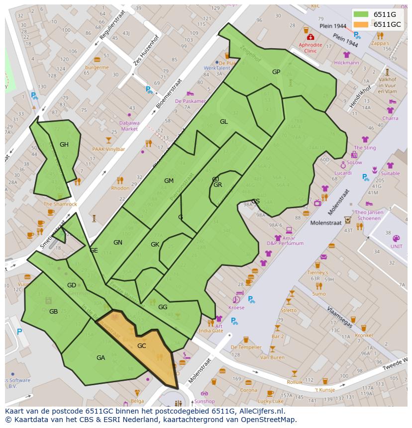 Afbeelding van het postcodegebied 6511 GC op de kaart.
