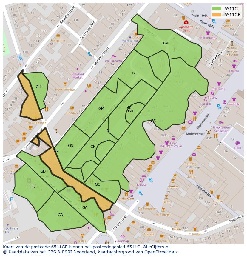 Afbeelding van het postcodegebied 6511 GE op de kaart.