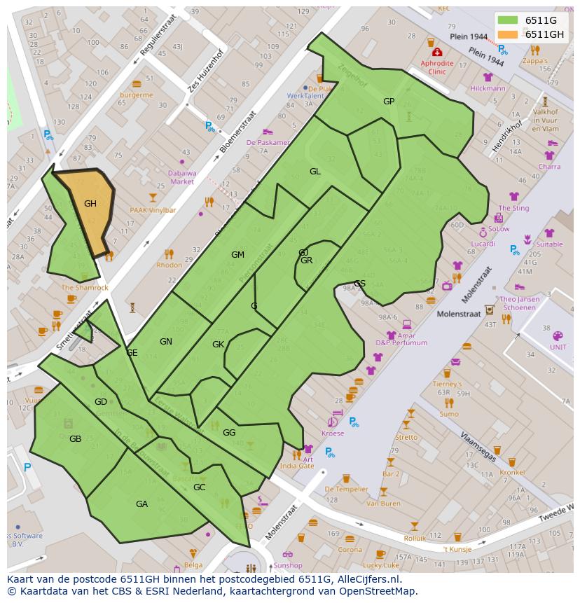 Afbeelding van het postcodegebied 6511 GH op de kaart.