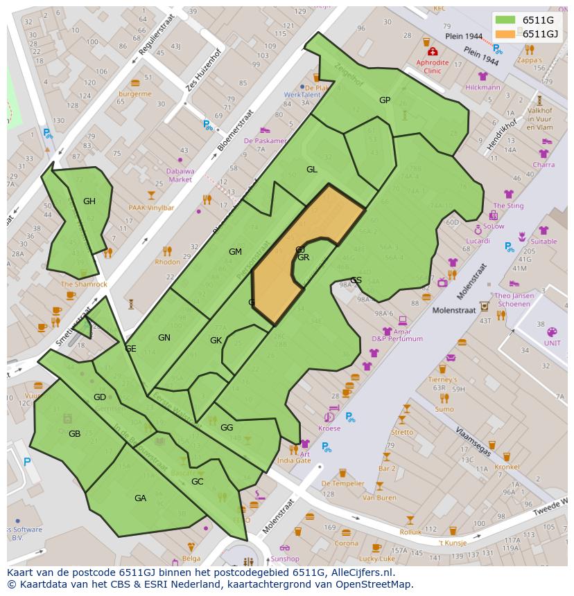 Afbeelding van het postcodegebied 6511 GJ op de kaart.