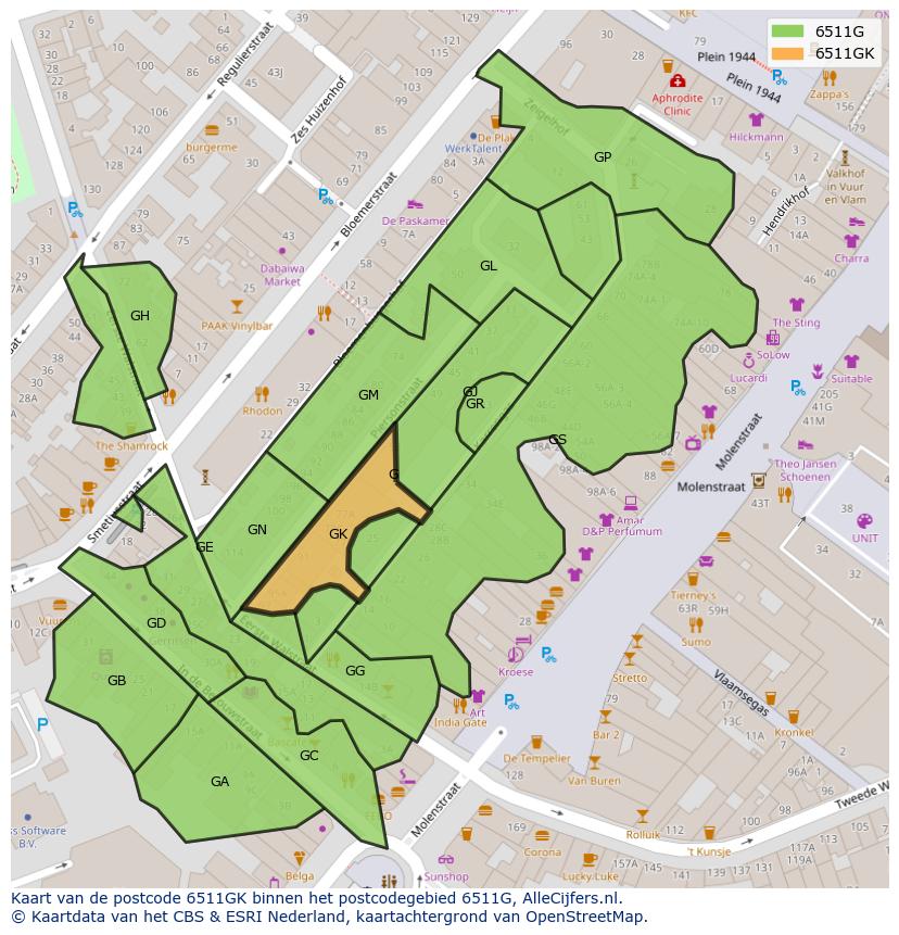 Afbeelding van het postcodegebied 6511 GK op de kaart.