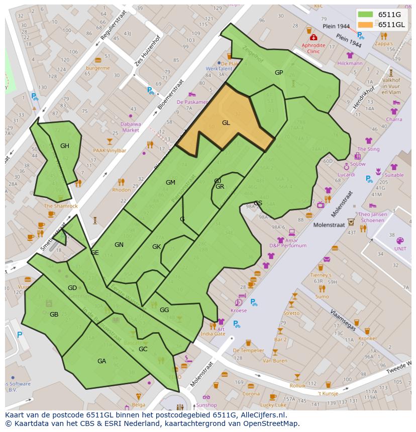 Afbeelding van het postcodegebied 6511 GL op de kaart.