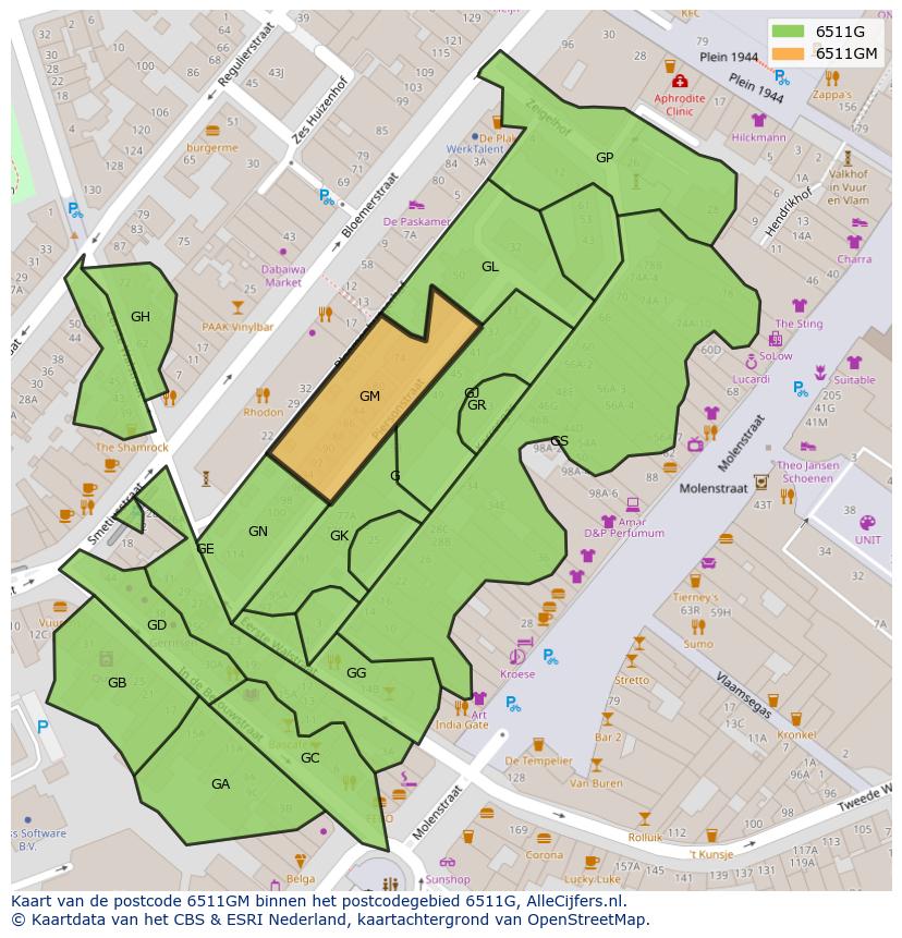 Afbeelding van het postcodegebied 6511 GM op de kaart.