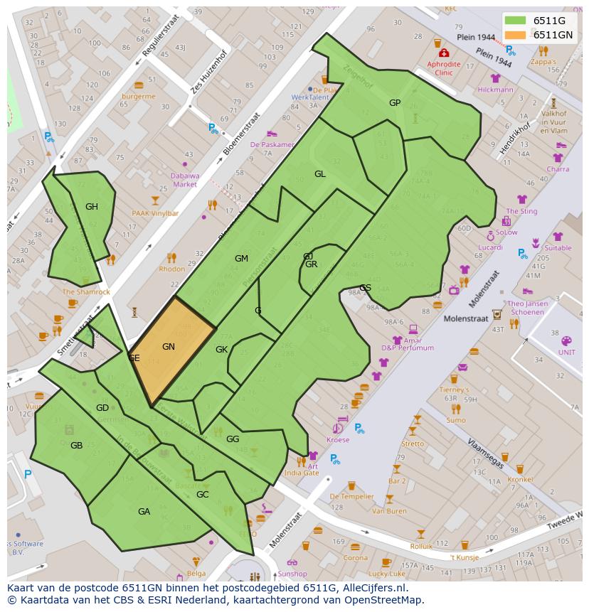 Afbeelding van het postcodegebied 6511 GN op de kaart.