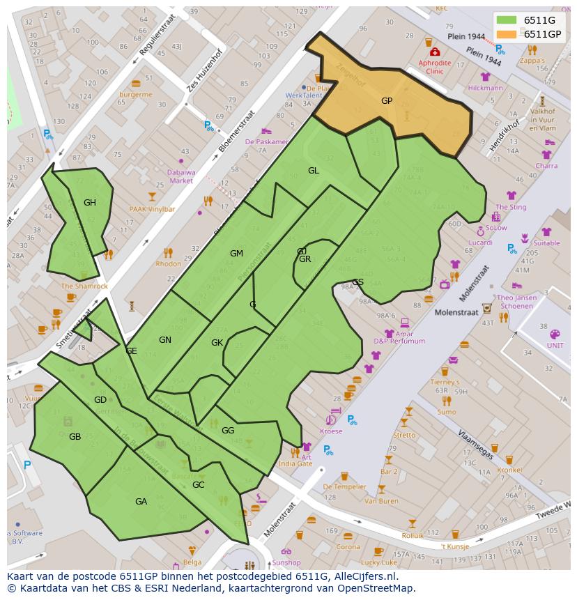 Afbeelding van het postcodegebied 6511 GP op de kaart.